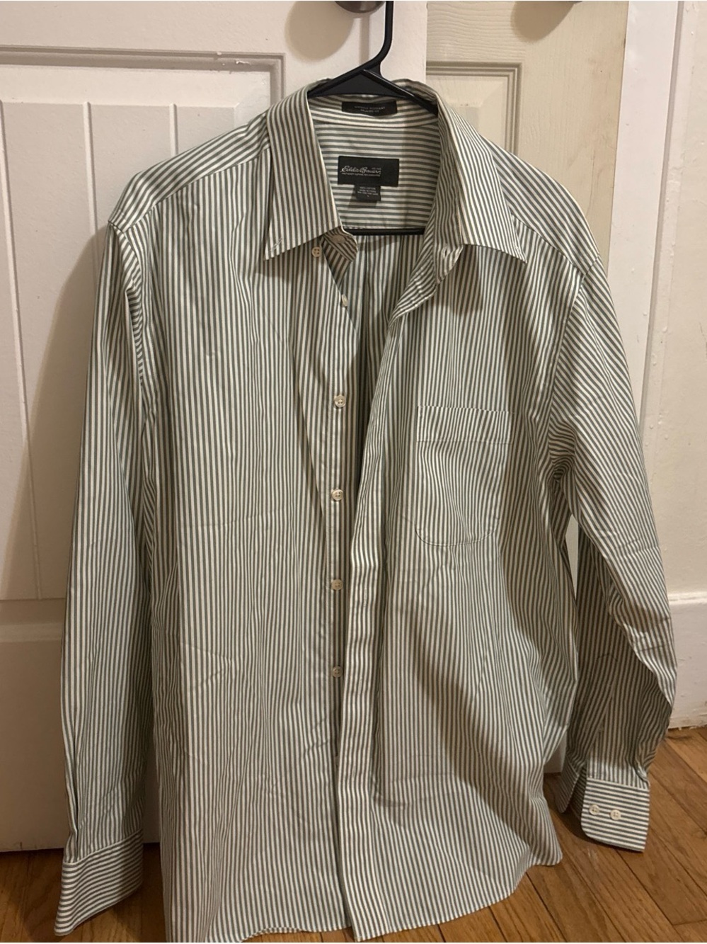Eddie Bauer Men's Green and White Striped Dress Shirt